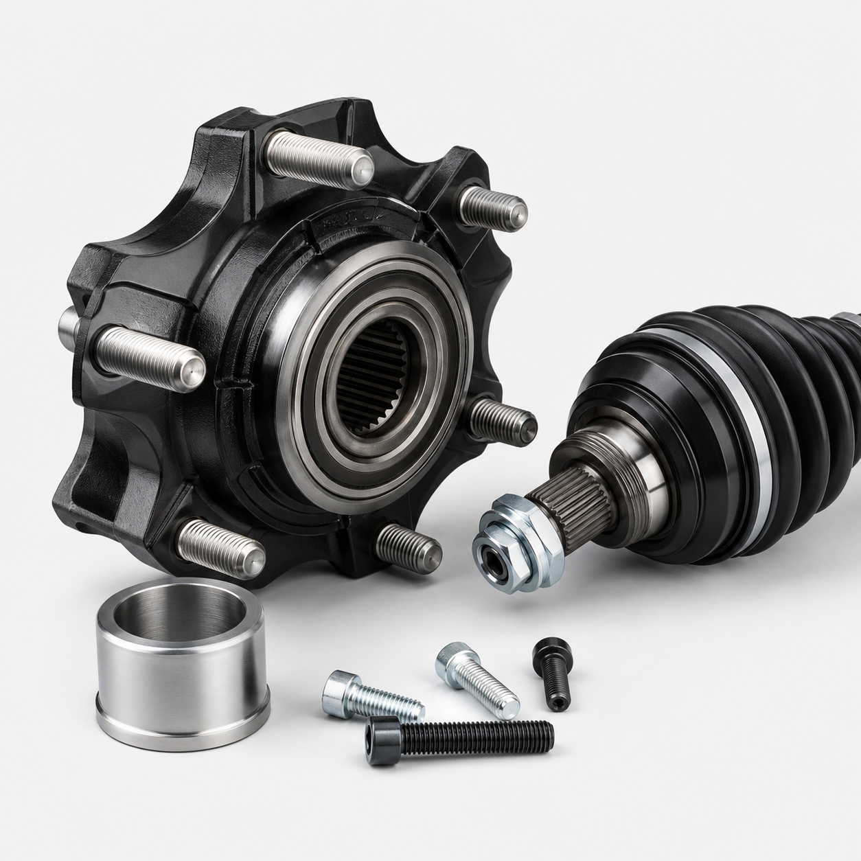 Powersports wheel hub, bearing, axle joint, and hardware