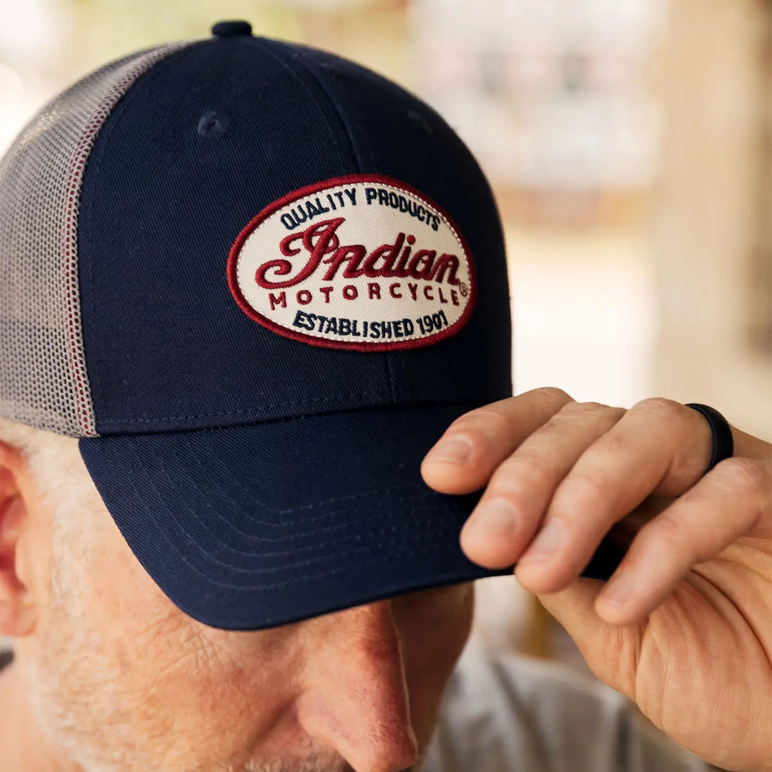 Men's Script Patch Trucker Hat, Blue - Image 3