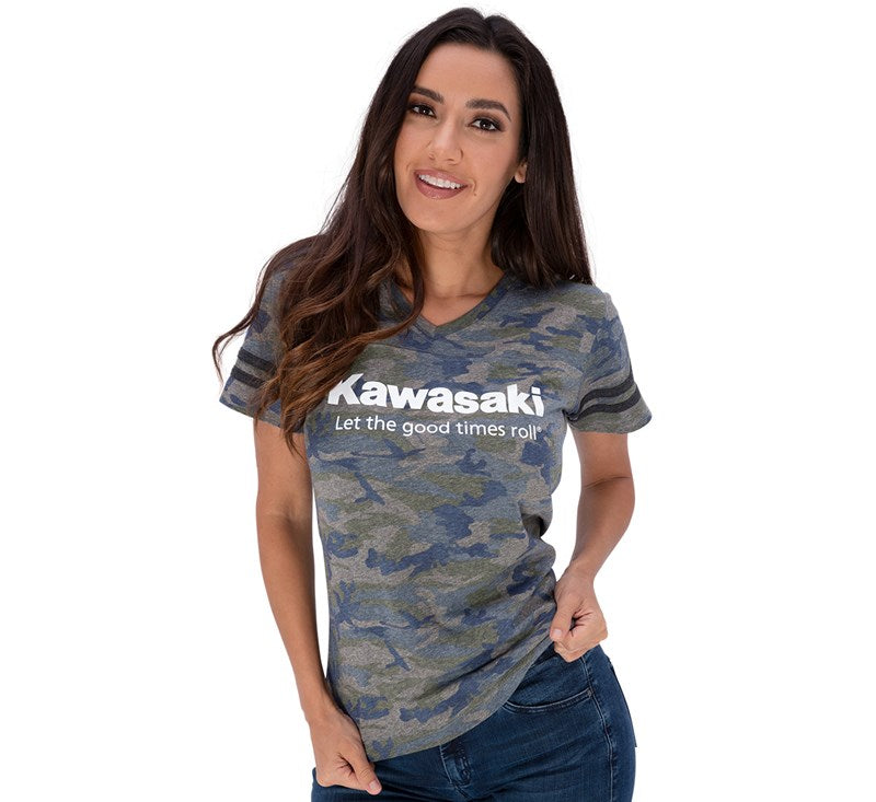 Kawasaki Women's Let the Good Times Roll Vintage Camo Tee