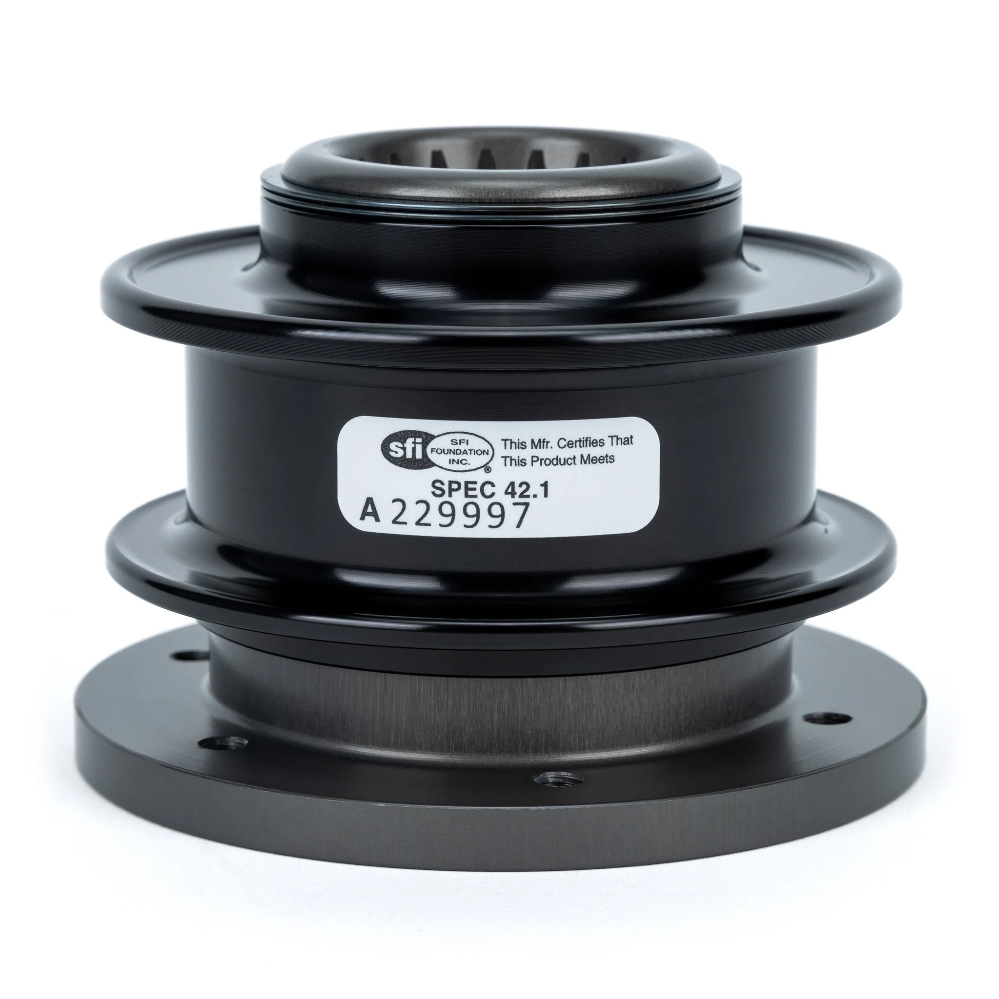 Evolution Powersports quick-release steering wheel hub — representative SFI 42.1 manufacturer detail image; label ID varies