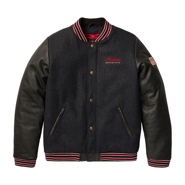 Front of the Indian Motorcycle Men's Varsity 2 Jacket in gray with leather sleeves and embroidered chest logo.