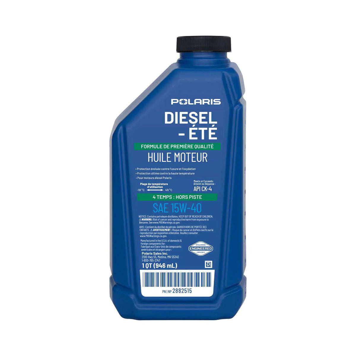 Polaris 15W-40 diesel engine oil 2882515 rear label view