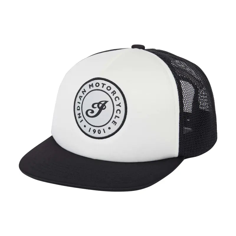 BLACK AND WHITE I SCRIPT FLAT BILL HAT