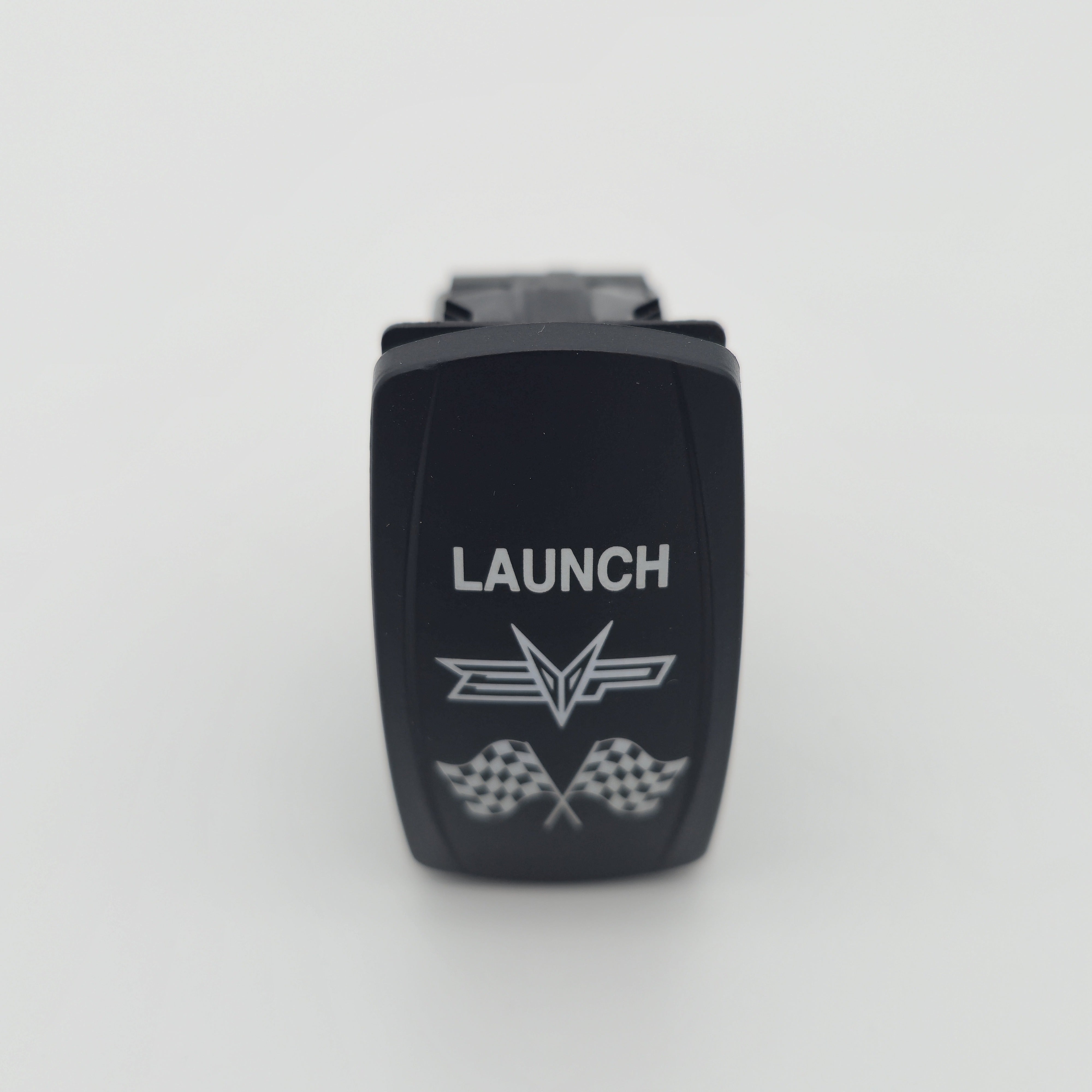EVP Can-Am Maverick X3 Launch Control Switch - rocker cap face showing LAUNCH text, EVP logo, and checkered flags