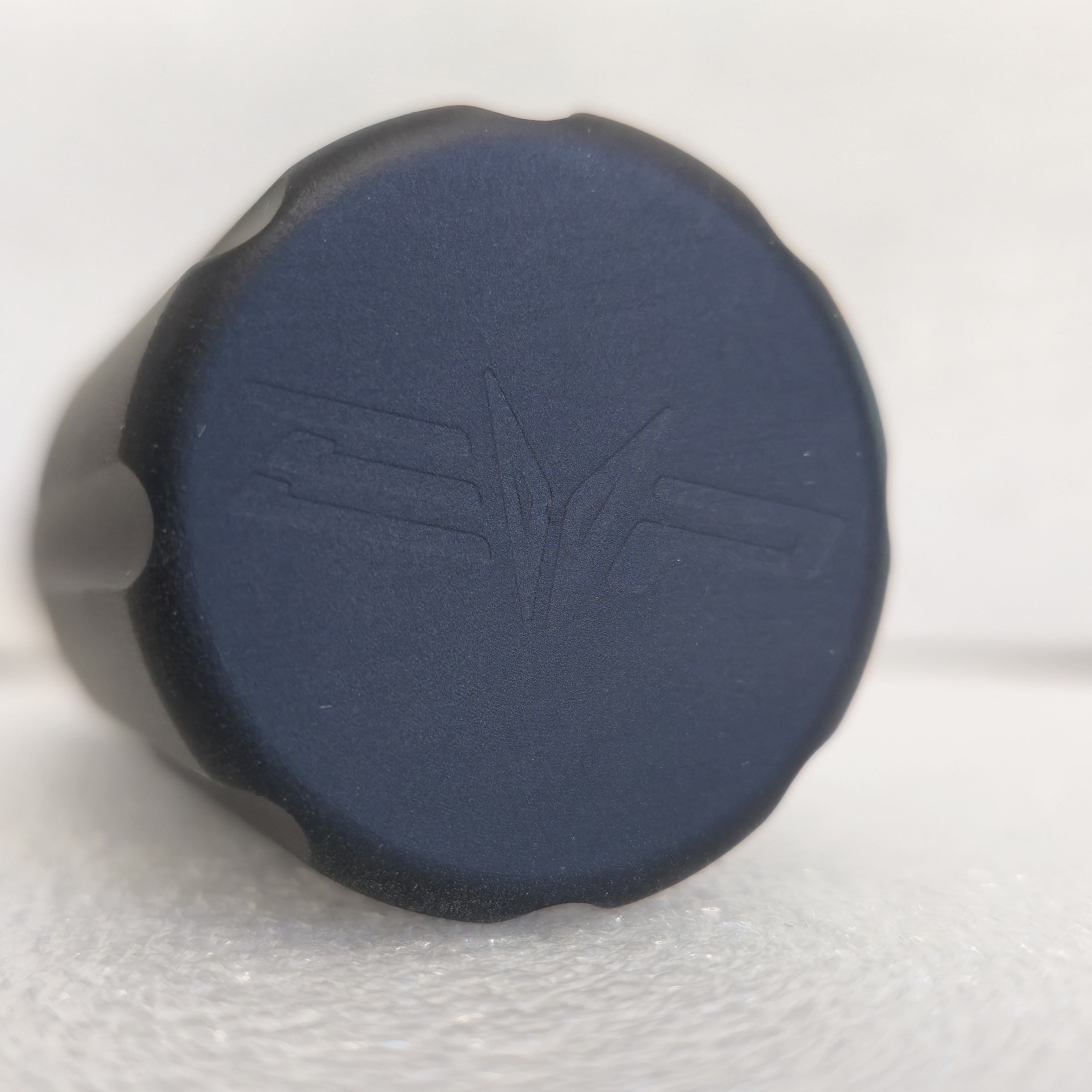 Close-up of EVP emblem on Billet Passenger Grab Handle 2.0 end cap