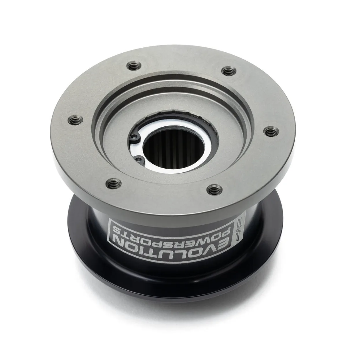 Evolution Powersports quick-release steering wheel hub adapter — EVP logo and six-lug mounting face