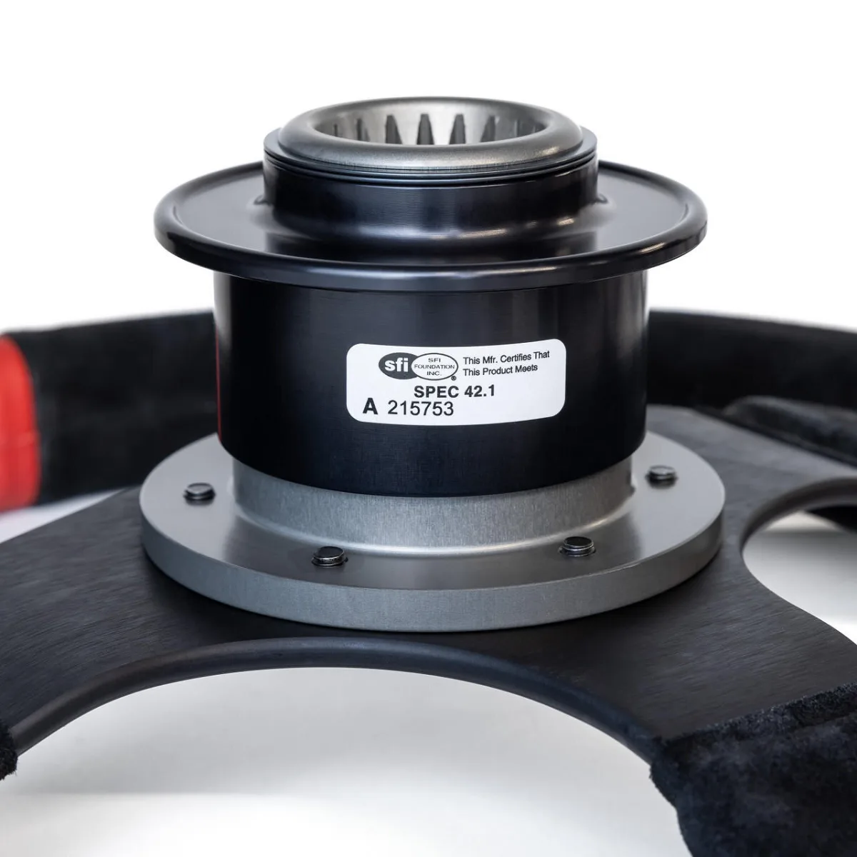 Evolution Powersports quick-release steering wheel hub installed on a wheel — representative SFI 42.1 detail; wheel not included