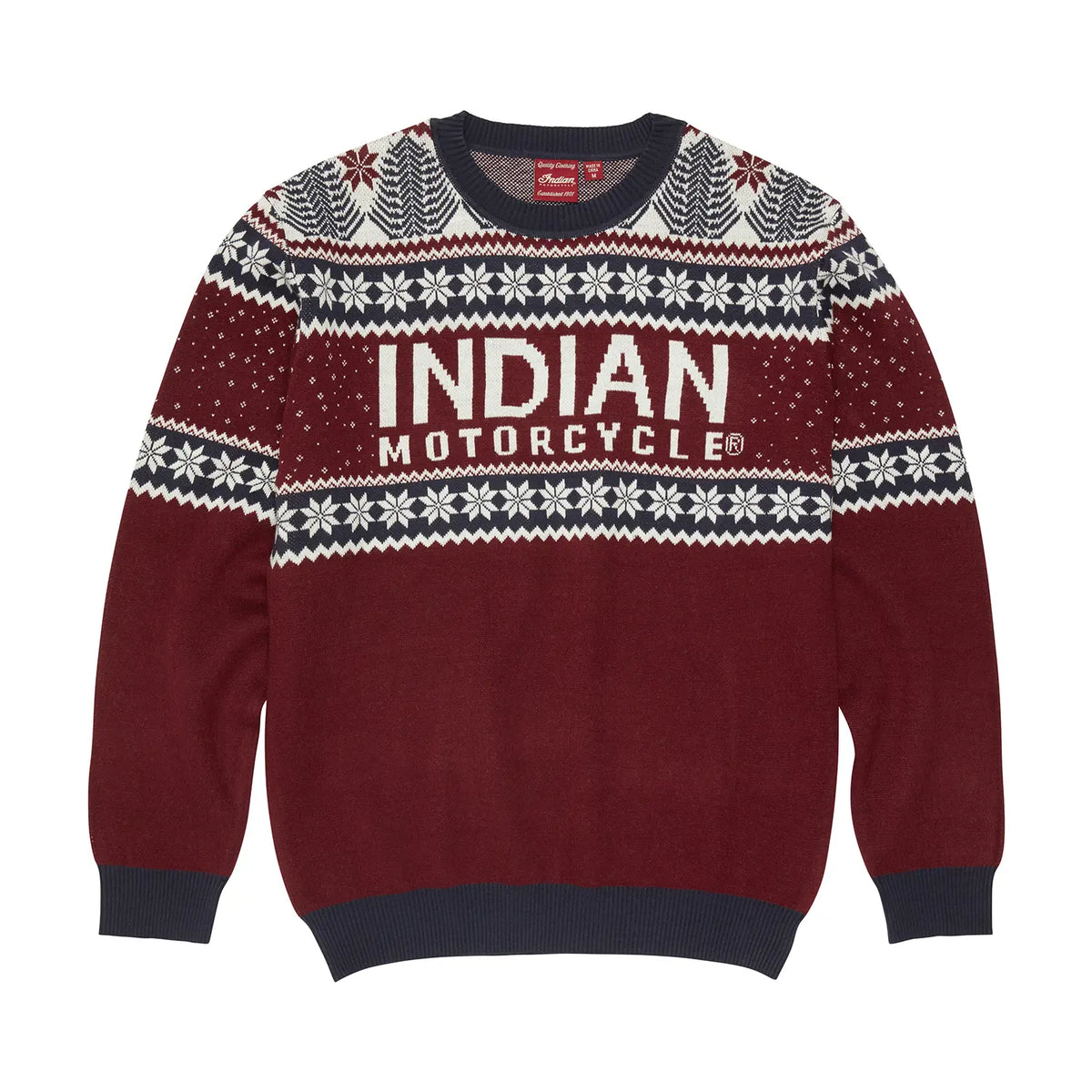 Red Indian Motorcycle holiday sweater with white snowflakes, bold chest lettering and dark ribbed trim.