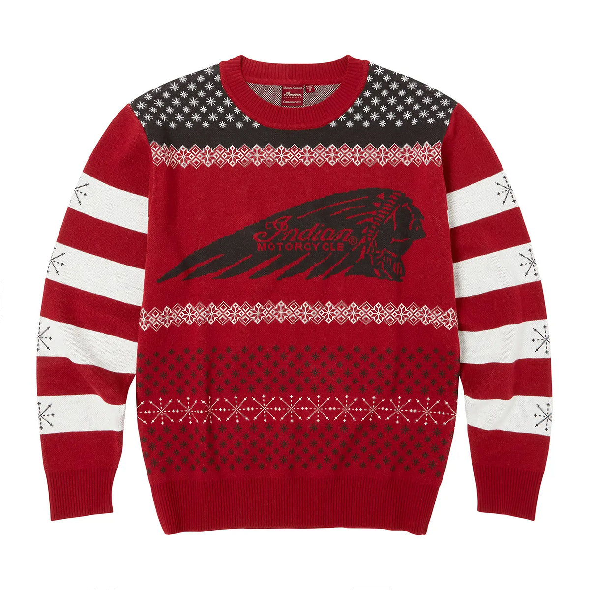 Front of the red Indian Motorcycle Headdress Holiday Sweater with jacquard headdress graphic.