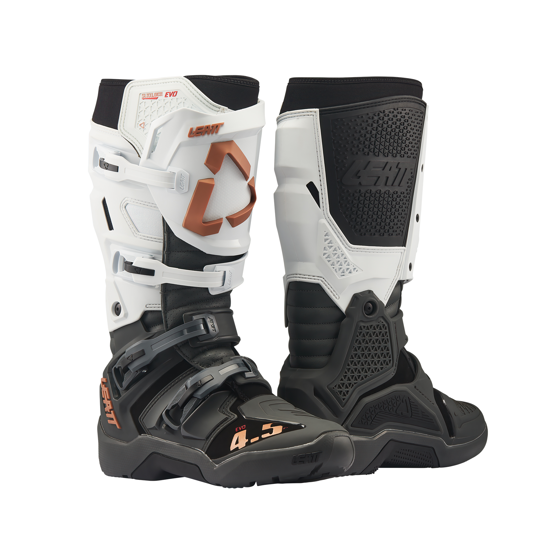 Leatt Moto 4.5 Enduro Evo boots in Graphene White, front and side views