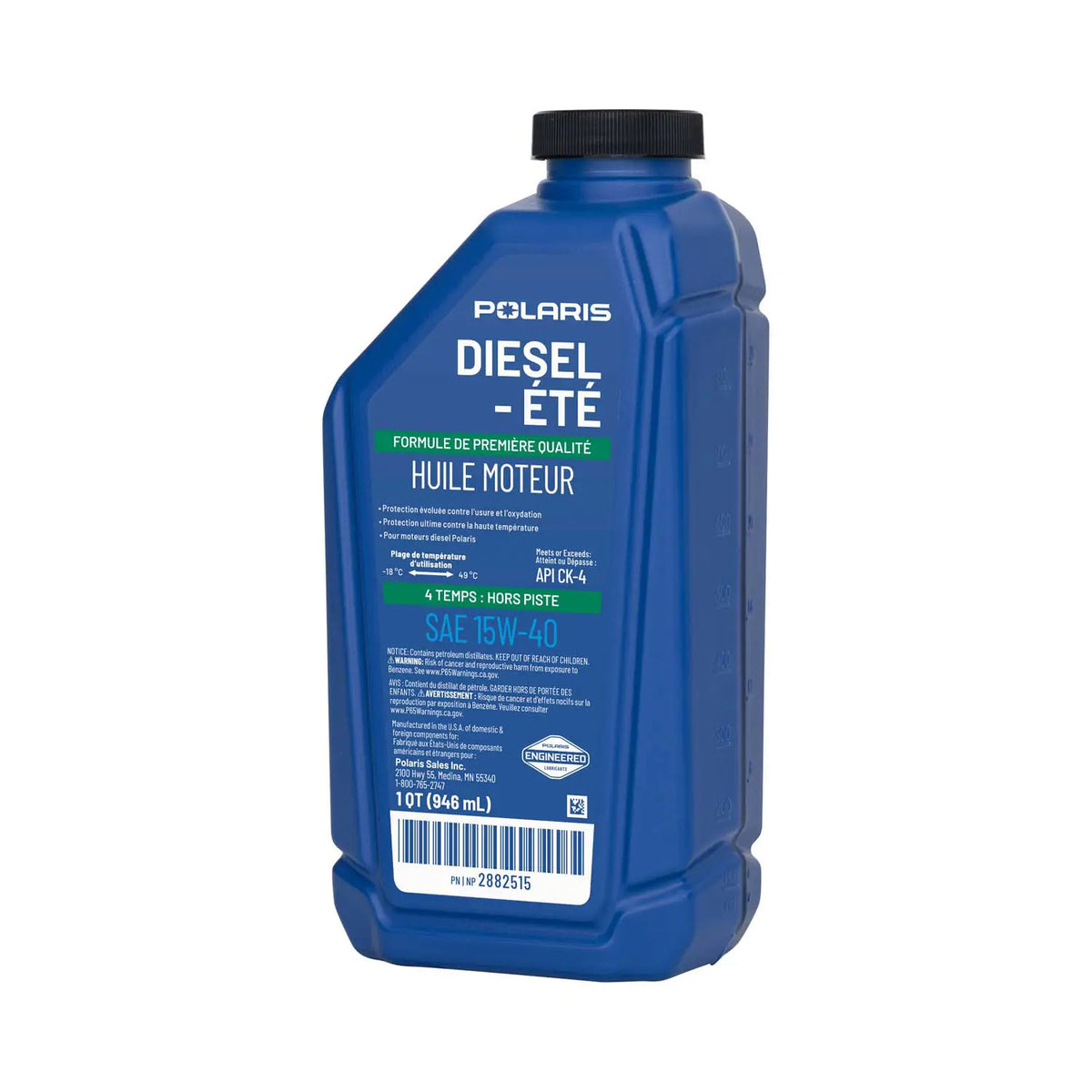 Polaris 15W-40 diesel engine oil 2882515 rear label view